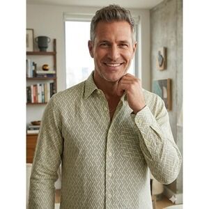 Gorni Kramer Men's L Linen Shirt Gray Yellow Abstract Long Sleeve Made in Spain